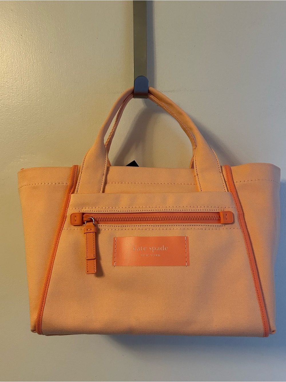 kate spade Peach Canvas Tote with Contrasting Details and Front Zip Pocket